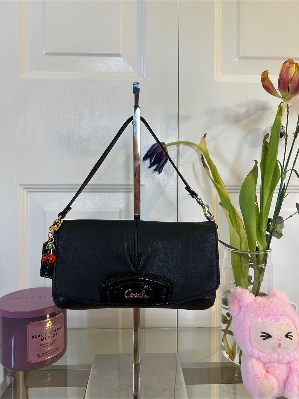 Coach Vintage Black Leather Mini Bag with Red Cherry Charm